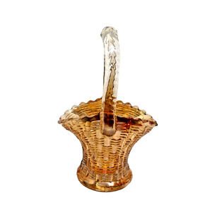 Vintage Iridescent Marigold Carnival Glass Basket, Weave Pattern, Dugan